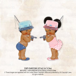 Pêcheur ou pêcheur rose bleu chapeau leurres canne | Bouffées de ton foncé pour bébé garçon fille | Sexe révélateur des jumeaux | Clipart à téléchargement immédiat