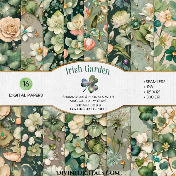 Irish Garden Digital Papers Seamless Patterns Backgrounds Wallpaper Floral Shamrocks St. Patrick's Day Emerald Peach | Instant Download