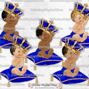 Prinz auf Kissen hält Krone königsblau Goldkissen Quasten | Sitzendes Baby 3 Hauttöne | Clipart Sofort Download