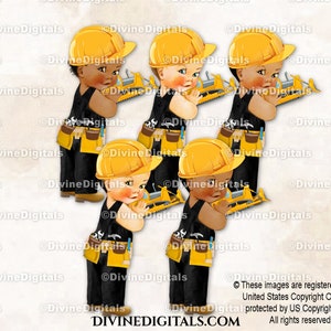 Little Prince Construction zwarte overall veiligheidshelm werklaarzen Tool Belt Truck | Babyjongen 3 huidskleuren | Clipart direct downloaden