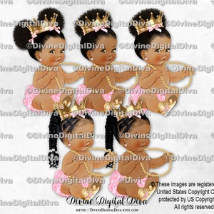 Princess Ruffle Pants Pink Gold Crown Pearls Sneakers | Sitting Baby Girl Babies of Color African American Ethnic | Clipart Instant Download