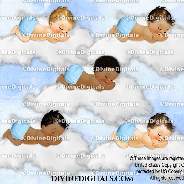 Sleeping Baby Boy on a Cloud Light Blue Pants | 3 Skin Tones | Clipart Instant Download