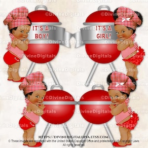 Little Chefs - Tablier à carreaux vichy rouge et blanc pour barbecue BBQ BabyQ Gender Reveal Grill | Ton foncé bébé garçon fille | Clipart à téléchargement immédiat