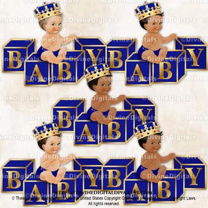 Kleiner Prinz auf Royal Blau & Gold verzierten Krone | sitzender Baby Junge | 3 Hauttöne | Clipart Sofort Download