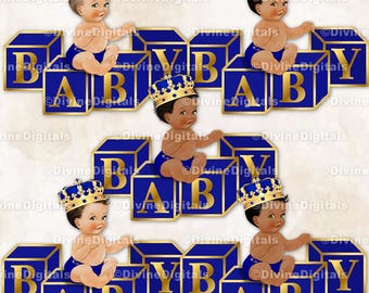 Little Prince on Blocks Royal Blue & Gold Ornate Crown | Sitting Baby Boy | 3 Skin Tones | Clipart Instant Download