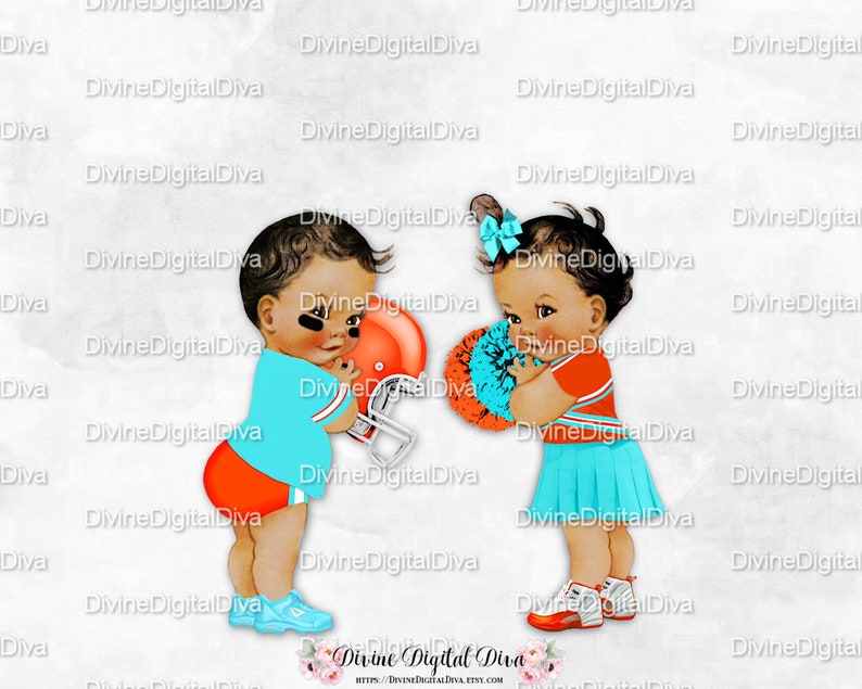 Medium Skin Tone Boy Girl Vintage Baby Football /& Cheerleader Turquoise Orange Gender Reveal Twins Clipart Instant Download