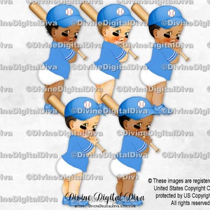Mały Książę Baseballista Jasnoniebieski i Biały Mundur Czapka Nietoperza Korki | Chłopięcy 3 Odcienie Skóry | Clipart Natychmiastowe Pobieranie