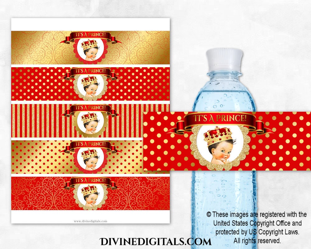 Little Prince Water Bottle Labels Red Gold Dot Stripe | Baby Boy Light Tone | Digital Instant Download