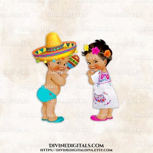 Mexicaanse Fiesta Sombrero Geborduurde Jurk | Mediumtone babyjongen, meisje | Gender Reveal-tweeling | Clipart direct downloaden