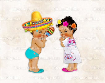 Mexican Fiesta Sombrero Embroidered Dress | Medium Tone Baby Boy Girl | Gender Reveal Twins | Clipart Instant Download
