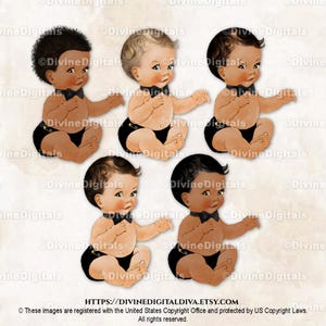 Piccolo uomo papillon nero e pannolino / Bambino seduto 3 tonalità di pelle / Clipart Download immediato