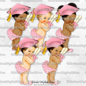 Graduate Pink Gold Abschlusskappe Quaste Diplom | Baby Mädchen 3 Hauttöne | Clipart Sofort Download