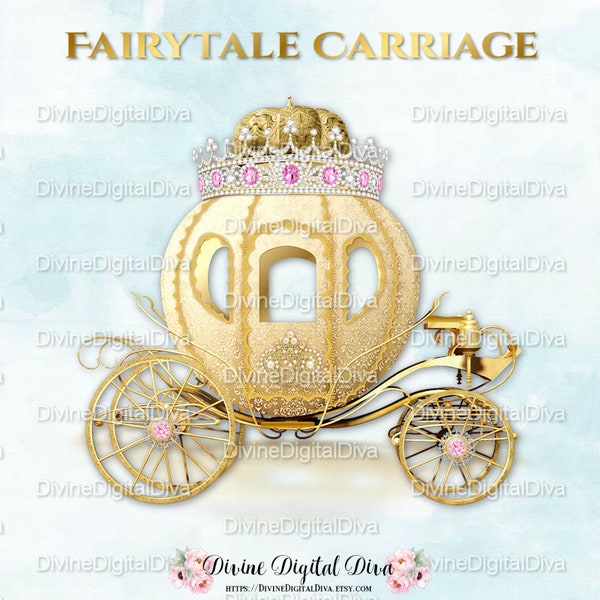 Gold Pink Diamond Tiara Crown Princess Cinderella Fairytale Carriage Coach | Clipart Instant Download