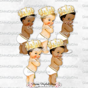 White & Gold Little Prince Ornate Crown Tassel Belt  Slipper Gem | Baby Boy 3 Skin Tones | Clipart Instant Download