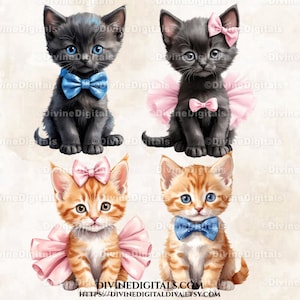 Aquarelle bébé chatons bleu noeud papillon tutu rose sexe pour chambre d'enfant garçon fille | Utilisation commerciale des cliparts à téléchargement immédiat