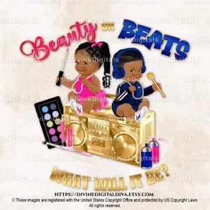 Beauty or Beats - Camisetas y más en rosa intenso, azul marino y dorado / Puffs de tonos oscuros para bebés / Afroamericanos / Revelación de género / Descarga instantánea