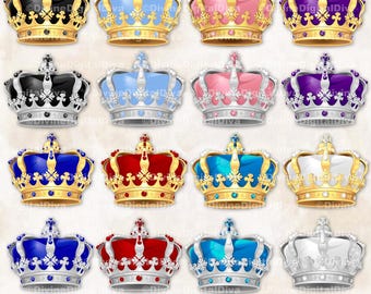 Ornate Jewelled Crowns Gold & Silver Royal Blue Red Purple Pink Blue Black White Clipart