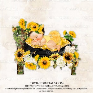 Sleeping Baby on Woodland Bed with Sunflowers Yellow Green Brown | Baby Girl Light Tone Brunette | Clipart Instant Download