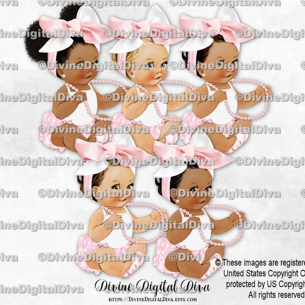 Princess Ruffle Pants Blush Pink & White Big Head Bow Ballet Slipper Pearls | Sitting Baby Girl 3 Skin Tones | Clipart Instant Download