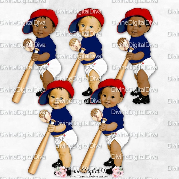 Lil Slugger Baseball Red White Navy Blue Shirt Diaper Cap Cleats Ball Bat | Baby Boy 3 Skin Tones | Clipart Instant Download