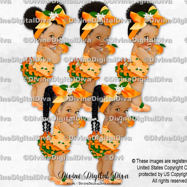 Little Cutie Orange Green Big Bow Rhinestone Shoes Tangerine | Baby Girl Babies of Color African American Ethnic | Clipart Instant Download