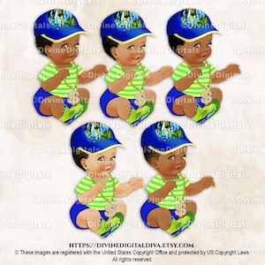 Little Prince Royal Blue Fresh Green Green Cap Hat Sneakers Gold Chain | Sitting Baby Boy 3 Skin Tones | Clipart Instant Download