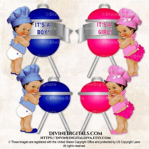 Little Chefs Tablier chapeau vichy rose fuchsia bleu roi Barbecue BabyQ Gender Reveal Grill | Ton moyen bébé garçon fille | Clipart à téléchargement immédiat