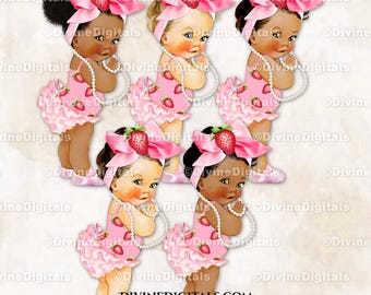 Clipart Thème fraise, rose, gros noeuds, perles bébé fille