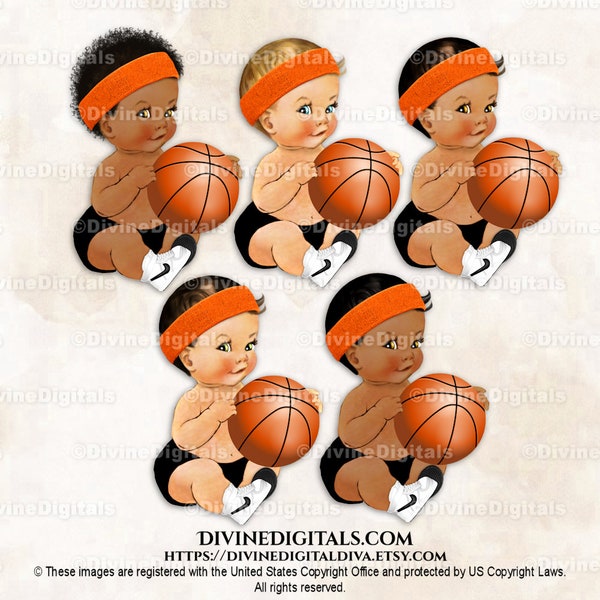 Little Prince Basketball Player Black Orange & White Sweatband Sneakers | Sitting Baby Boy 3 Skin Tones | Clipart Instant Download