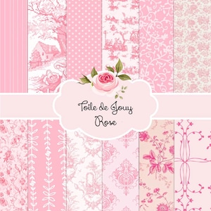 Français Toile de Jouy Rose Blanc et Ivoire Rose Blanc Ivoire | Pack de papier numérique d'arrière-plans | Téléchargement instantané