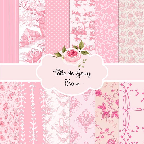 French Toile de Jouy Rose Blanc et Ivoire Pink White Ivory | Backgrounds Digital Paper Pack | Instant Download