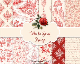 French Toile de Jouy Rouge et Ivoire Red Ivory | Backgrounds Digital Paper Pack | Instant Download