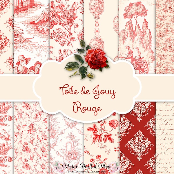 French Toile de Jouy Rouge et Ivoire Red Ivory | Backgrounds Digital Paper Pack | Instant Download