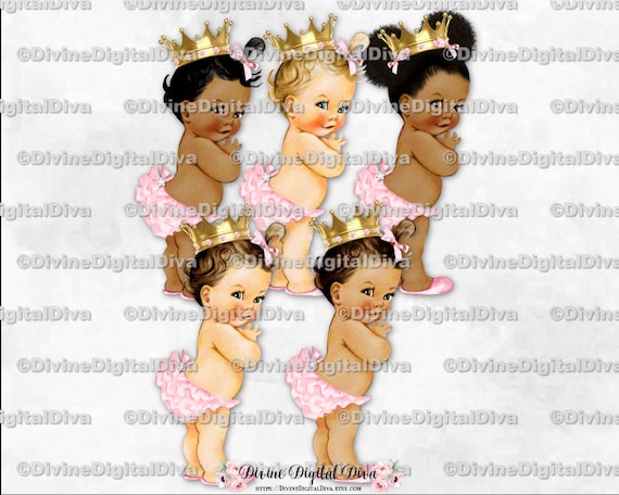 Clipart Instant Download Princess Ruffle Pants Pink Pants Gold Crown Baby Girl 3 Skin Tones