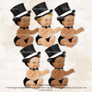 Piccolo uomo con cappello a cilindro bianco e nero e papillon / Bambino seduto in 3 tonalità di pelle / Clipart download immediato