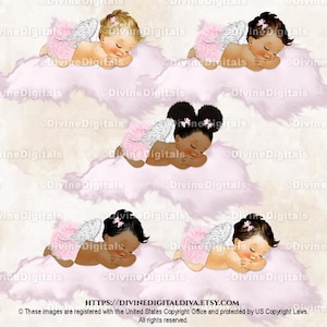 Slapende engel op een wolk Roze broek met ruches Bow Wings | Babymeisje: 3 huidskleuren | Clipart direct downloaden