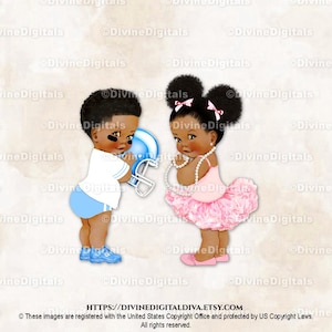 Touchdowns ou Tutus Babies Futebol e Bailarina Azul Rosa | Puffs Menino Menina Tom Escuro | Revelação de Gêmeos | Clipart Download Instantâneo