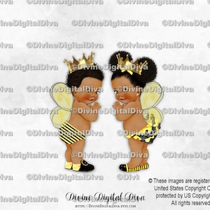 Queen Bee Prince Bee Wings Crown Yellow Black | Baby Boy Girl Dark Tone African American | Gender Reveal Twins | Clipart Instant Download