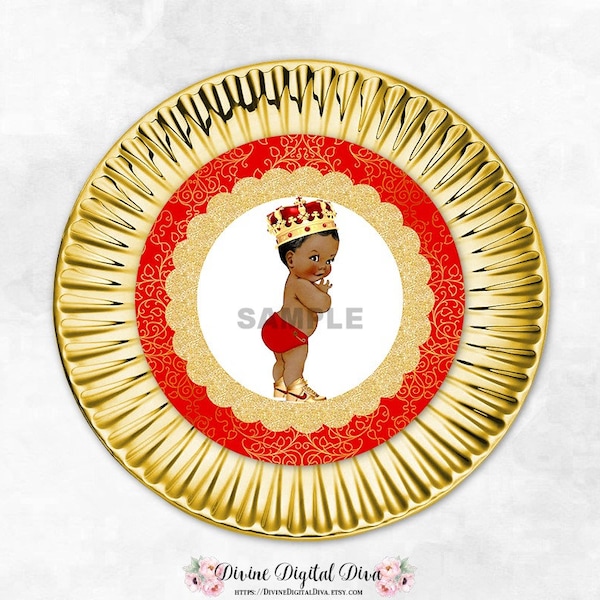 Little Prince Plate Insert Circle Decoration Red & Gold Crown | Baby Boy Dark Tone | Ethnic African American | Digital Instant Download