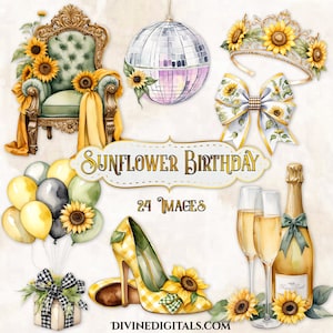 Puede incluir: Un conjunto de 24 imágenes digitales con temática de girasol. Las imágenes incluyen una silla dorada, una bola de discoteca, una corona, un lazo, una botella de champán, copas de champán, un par de tacones altos, globos y una caja de regalo. Las imágenes son perfectas para crear invitaciones, decoraciones de fiesta u otras manualidades.