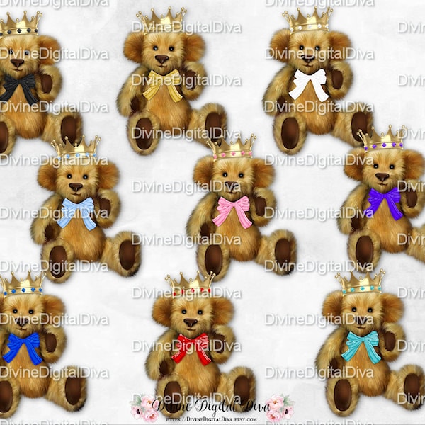 Brown Fur Teddy Bear Bow Gold Crown Royal Blue Red Pink Teal Purple Black White | Clipart Instant Download