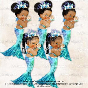 Tiara de sirena con concha turquesa azul dorada y cola bajo el mar / Bebés de color, niñas afroamericanas étnicas / Clipart de descarga instantánea