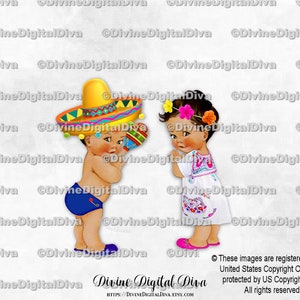 Mexicaanse Fiesta koningsblauwe felroze sombrero geborduurde jurk | Middelgrote babyjongen, meisje | Gender Reveal-tweeling | Clipart direct downloaden