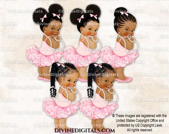 Princess Ballerina Pink Tutu & Shoes | Baby Girl Babies of Color African American Ethnic Braids Puffs | Clipart Instant Download