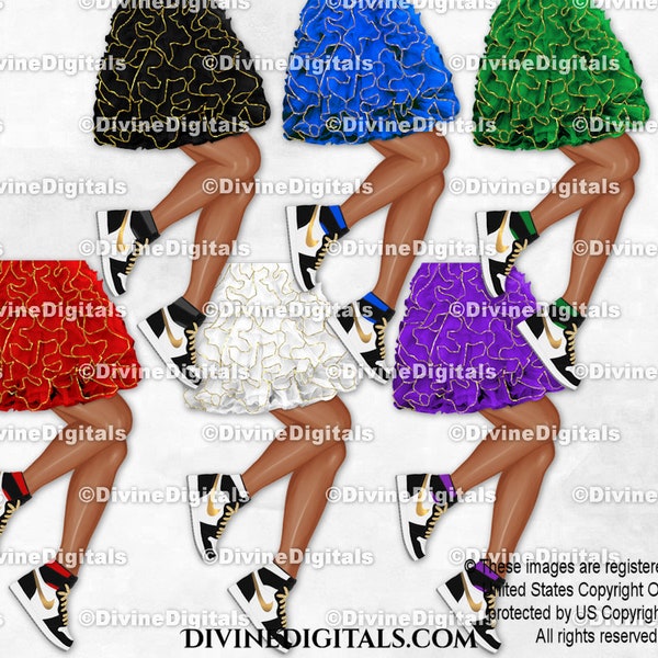 Sneaker Ball Legs Ruffled Skirt Gold Trim Fashion Party DARK Skin Tone | Transparent Clipart Digital Images PNG Instant Download