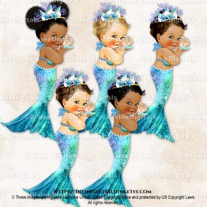 Tiara de sirena con concha turquesa, azul y dorada bajo el mar / Niña, 3 tonos de piel / Clipart de descarga instantánea