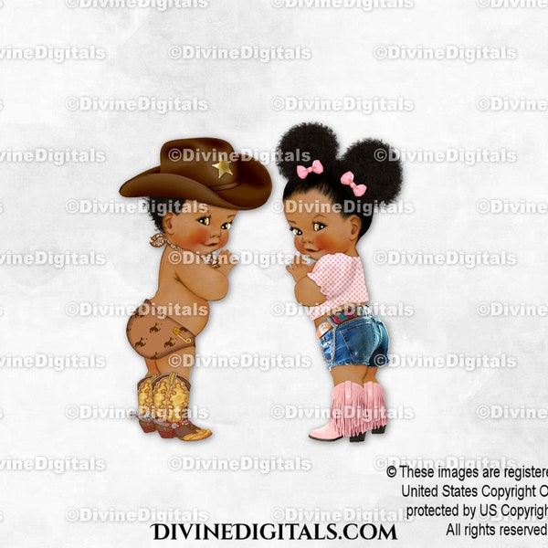 Daisy Dukes or Cowboy Boots Hat Cowgirl Pink Brown | Boy Girl Dark Tone Puffs | Gender Reveal Twins | Clipart Instant Download