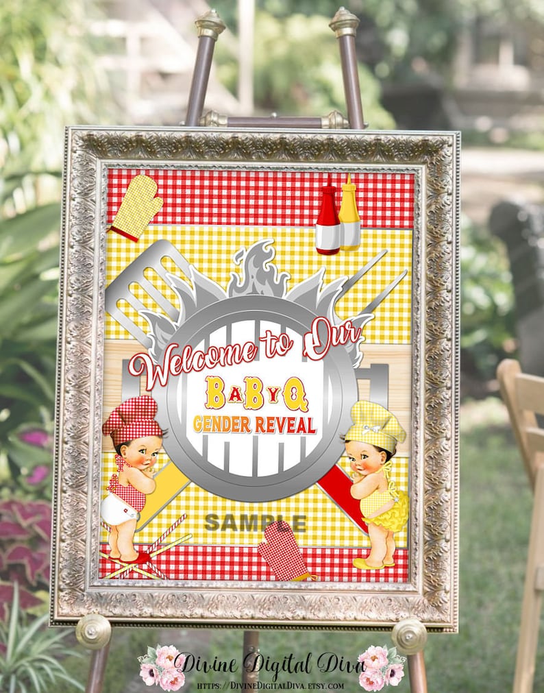 Baby Chefs BBQ BabyQ Welcome Gender Reveal Sign 16x20 Clipart Instant Download Red Yellow Gingham Check Hat Apron Boy Girl Light Tone