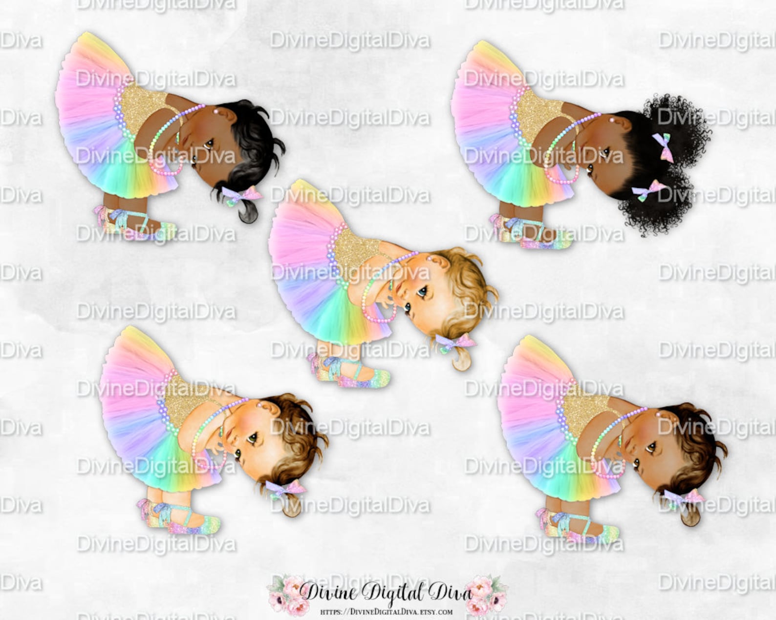 princess pastel rainbow tulle tutu ballet shoe gold shirt bending | vintage baby girl afro puffs | clipart instant download
