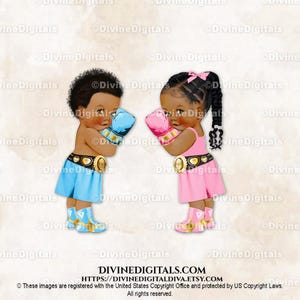 Baby Boxer Bleu Clair Or Rose | Tresses foncées bébé garçon et fille Afro-américaine | Sexe révélateur des jumeaux | Clipart à téléchargement immédiat